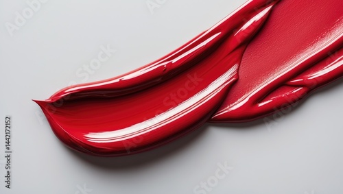 Bright red cosmetic brush stroke on background featuring red lipstick and cream makeup texture