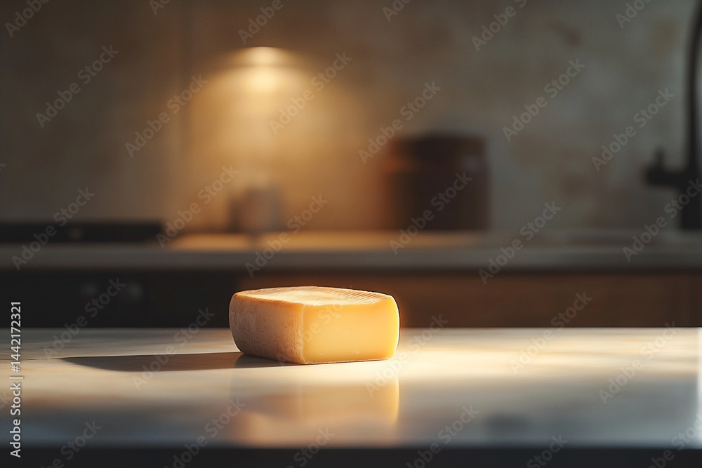 Artisanal cheese block basking in kitchen ambiance, rustic charm highlighted