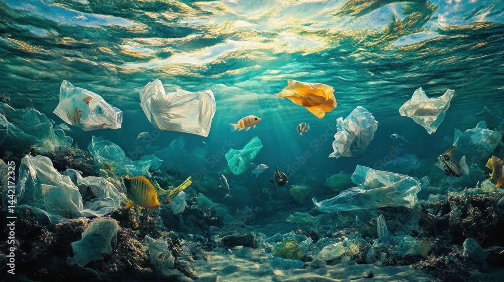 Obraz premium Plastic pollution in the ocean. Coral reefs and marine life are threatened by plastic bags and debris