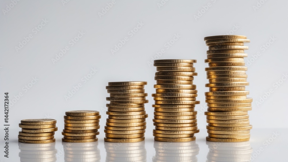 Increasing stacks of coins symbolizing savings against a white background Increasing stacks of coins symbolizing savings against a white background