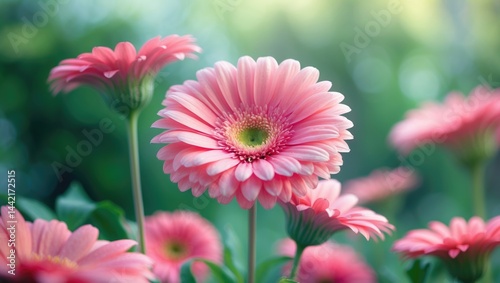 Intimate shot of lively pink gerbera daisies in the garden, flowering plants exhibiting colorful blooms taken in selective focus with a soft-focused background and room