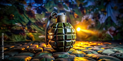 Night Photography: Hand Grenade on Camouflage, Vintage, Explosives, Warfare
