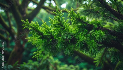Detailed view of fresh bright green conifer branches thriving on an exotic tropical tree photo