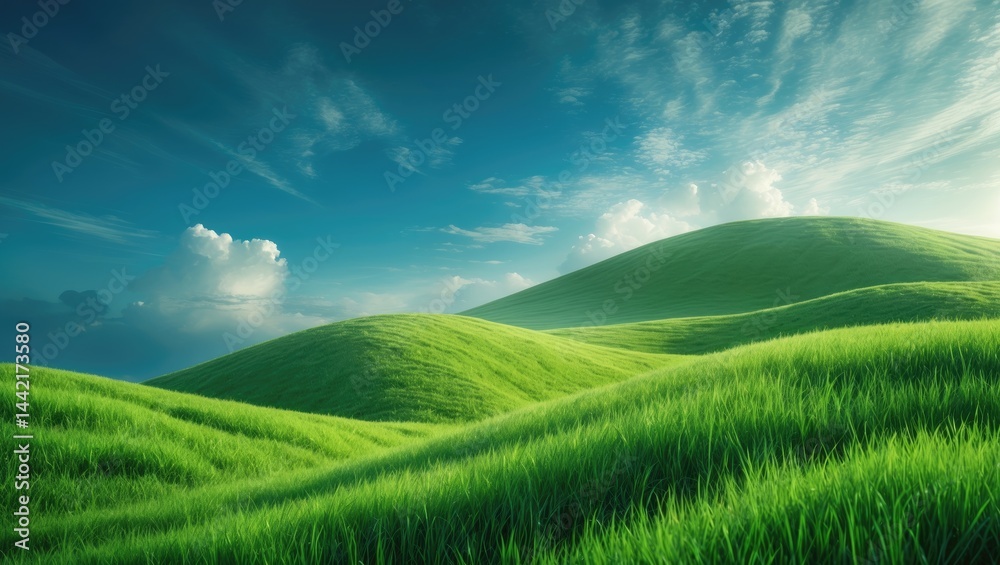 Obraz premium Blue sky and white clouds above a green grass field