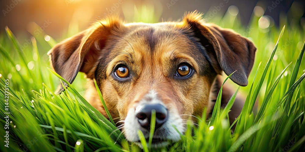 One-Eyed Dog on Grass Macro Photography AI Art