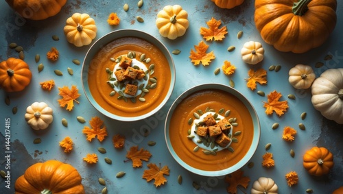 Aerial view of organic pumpkins and pumpkin soup against a gray backdrop. Seasonal fare - Creamy spicy pumpkin soup topped with croutons and pumpkin seeds.