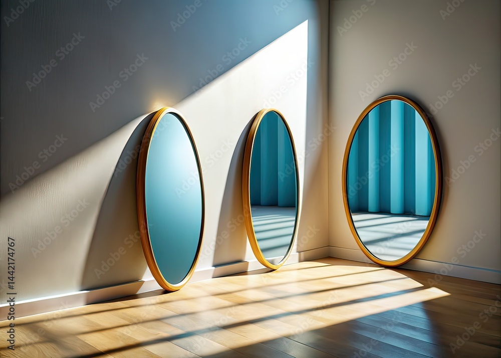 Oval Mirrors Leaning Against Wall Drone Shot Sunlight