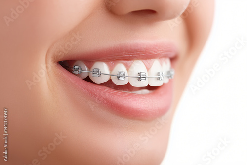 Close-up of a person with metal braces for orthodontic treatment