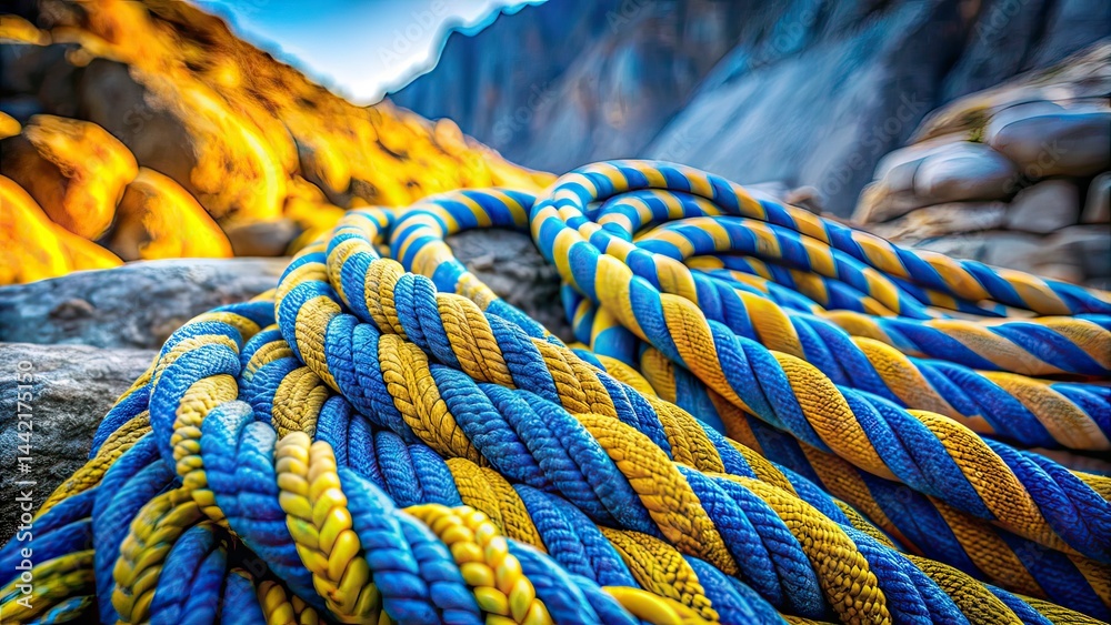 Panoramic Blue and Yellow Rope on Rocky Terrain - AI Photography
