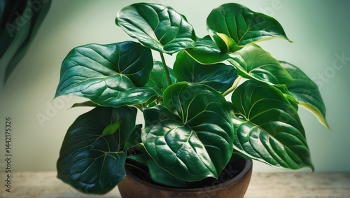 Household large green plants in pots on a vivid background.