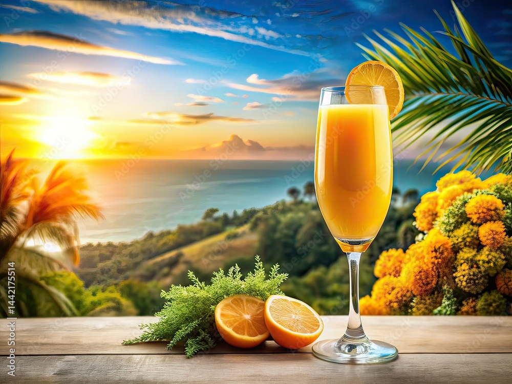 Panoramic Mimosa, Gold Rimmed Glass, Orange Juice, Refreshing Drink