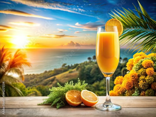 Obraz na płótnie Panoramic Mimosa, Gold Rimmed Glass, Orange Juice, Refreshing Drink w salonie
