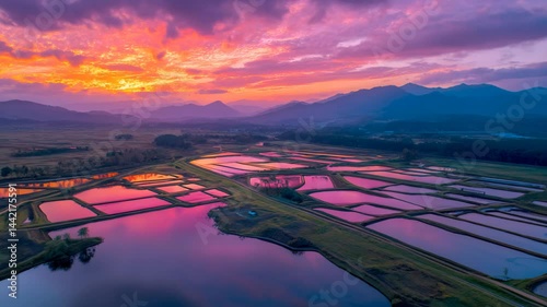 【AI動画】夕焼け空が映り込む水田地帯、山並みと反射光が作る農村風景