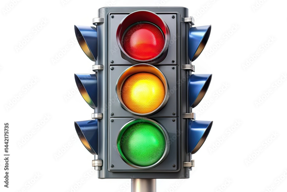 Panoramic Traffic Light, White Background, Photography, Isolated, 3D Rendering