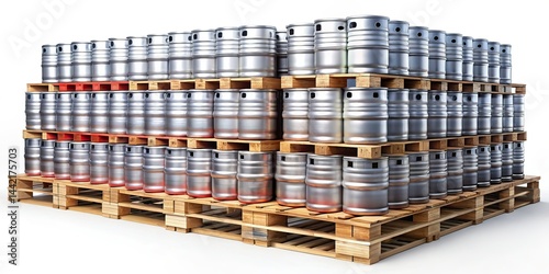 Panoramic Stacked Aluminum Beer Kegs on Pallets, Foil Wrapped