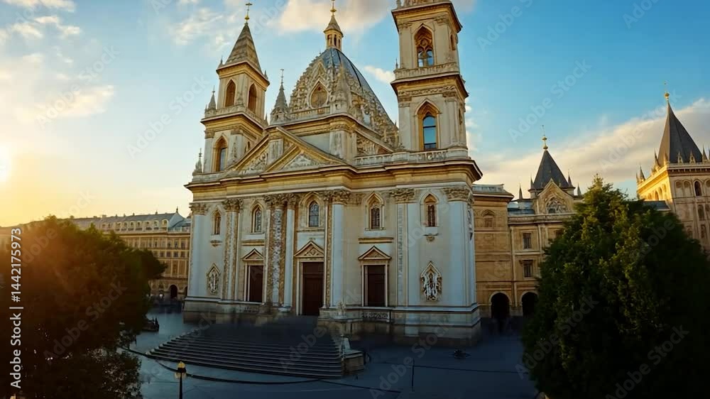 Sunset view of a large white baroque cathedral in a city, partially obscured by peach-colored roses in the foreground Sunset view of a large white baroque cathedral in a city, partially obscured by peach-colored roses in the foreground