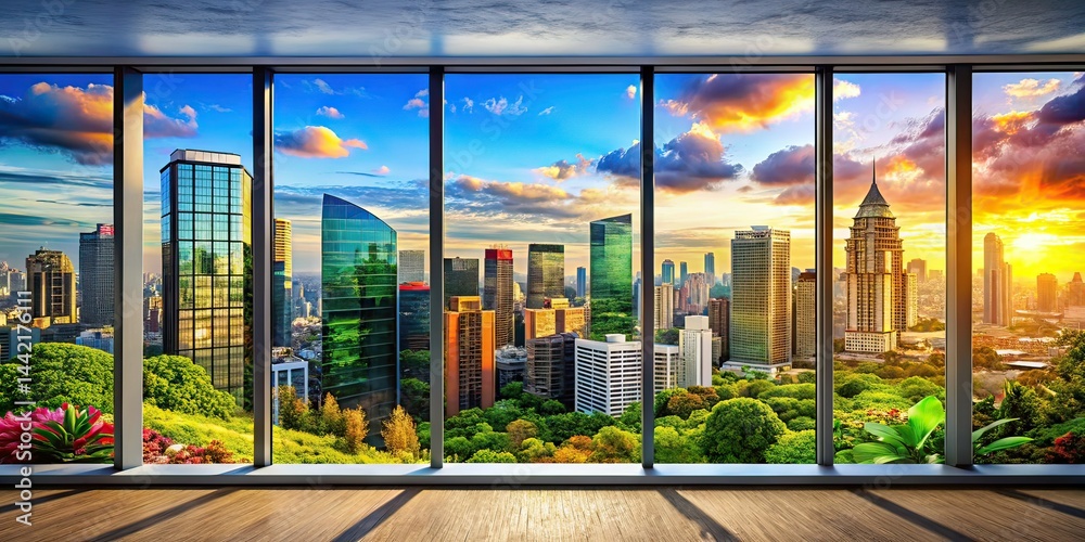 Panoramic Window View, Stunning Cityscape, Architectural Photography, Wide Angle