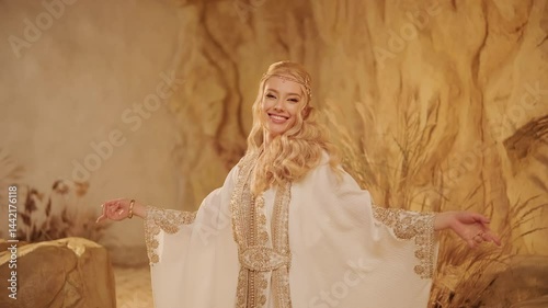 Elegant blonde in Middle Eastern flowing dress dances gracefully on vibrant dunes, gazing at the camera. Golden palette, desert landscape, Arabic beauty and cultural heritage. HQ 4k footage