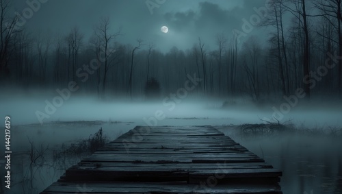 Fototapeta Naklejka Na Ścianę i Meble -  Weathered wooden pier on the lake with a moonlit, foggy, frightening forest backdrop