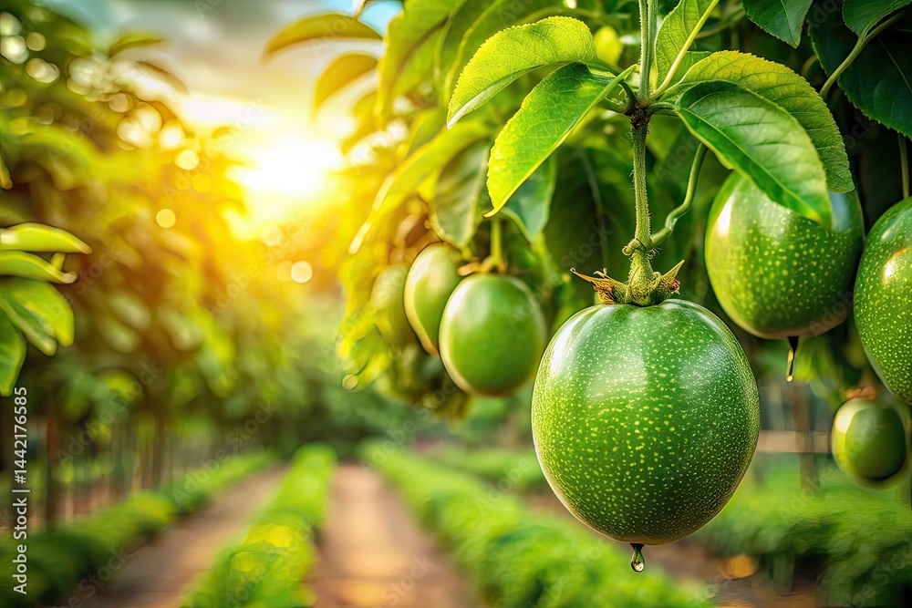Passion Fruit Farm: Fresh, Green Passion Fruit on Tree - High Vitamin C