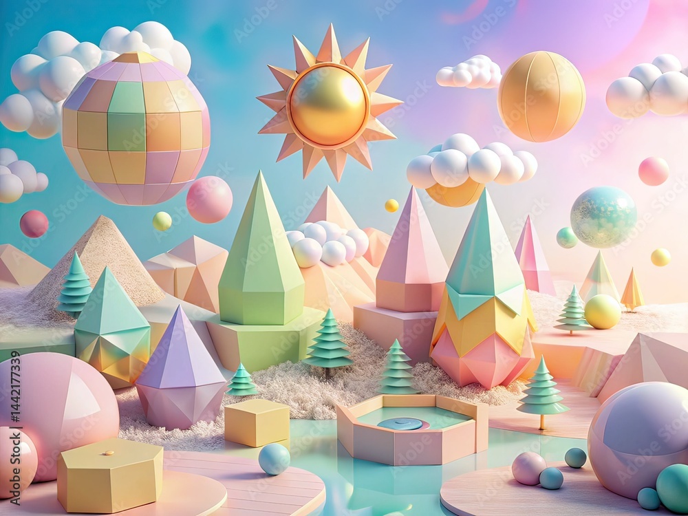 Pastel Dreamland 3D Aerial Photography, Geometric Shapes, Dreamy Landscape