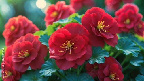 Glistening red wax shining brightly in the garden. photo