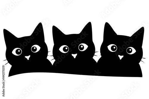 Silhouette design of three cats peeking over an edge cute design, silhouette, cat, cats, peeking, edge, cute, design, vector, illustration, pet, animal, domestic, feline, curious, simple, minimalist