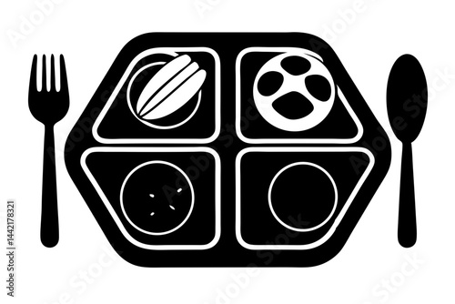 School lunch tray with compartments containing food black silhouette vector, meal tray, lunch tray, tray, school lunch, food, compartments, cafeteria, plate, dining, vector, silhouette, black