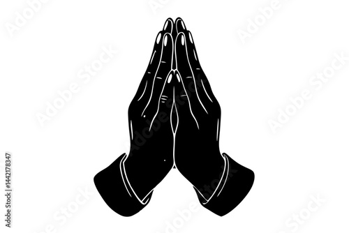 Silhouette of hands folded in prayer on white background for religious symbolism, hands, praying, folded, silhouette, religion, religious, prayer, faith, spirituality, christianity, symbol, peace