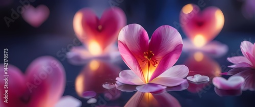 Watercolor hearts blossoming amidst floating petals on softly blurred backgrounds