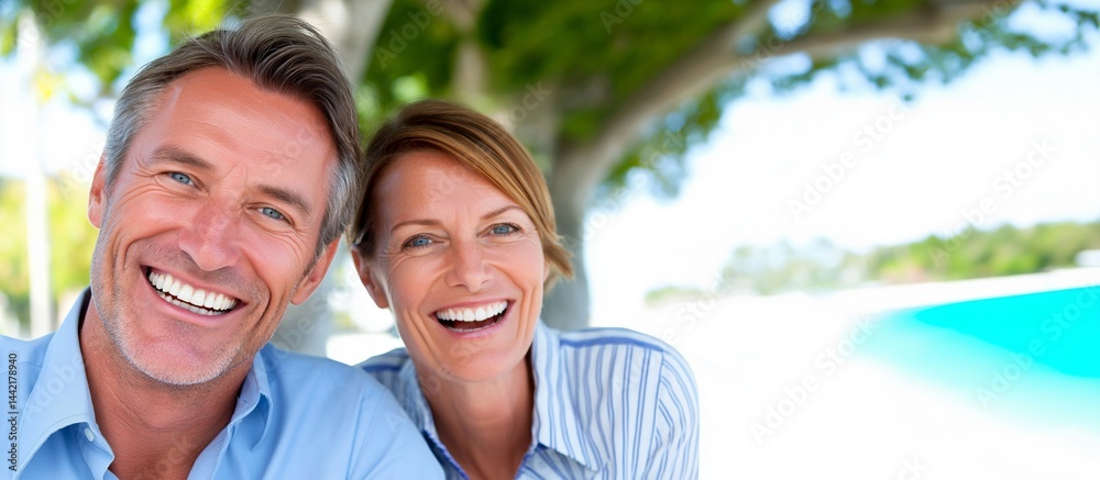 Fototapeta premium close up smiling happy sporty couple on a beach on sunny day to