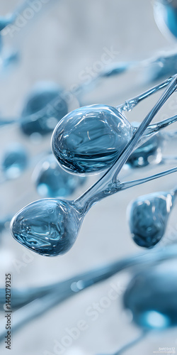 Beautiful and tech-filled liquids, water droplets, blue, abstract, biological, medical, scientific, technological, business, advertising, wallpaper, background, base map, molecules, microscopic, space