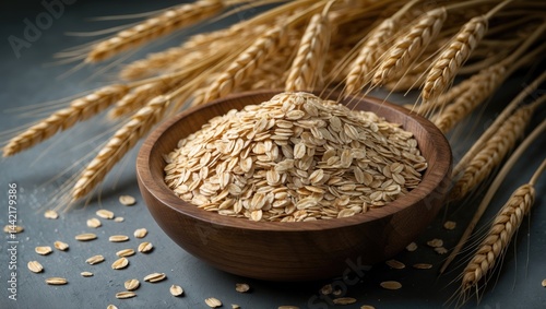Wooden bowl containing raw rolled oats and oat flakes