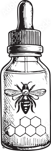Bee propolis bottle and Traditional Chinese Medicine, Black and White Vector Illustration, Sketch Drawing Line Linear Symbol Icon Engraving, Hand-drawn Isolated