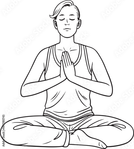 Namaste Lotus Pose Meditation Breathwork Breathing Exercise Yoga, Black and White Vector Illustration, Sketch Drawing Line Linear Symbol Icon Engraving, Hand-drawn Isolated