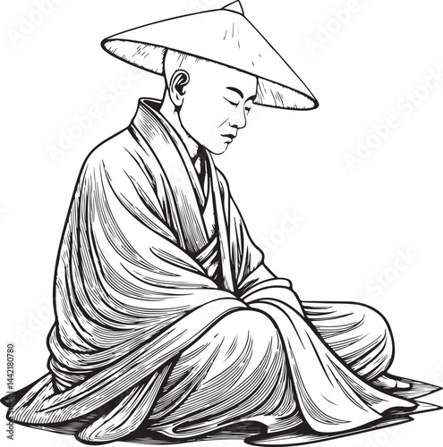 Daoist monk healer and Traditional Chinese Medicine, Black and White Vector Illustration, Sketch Drawing Line Linear Symbol Icon Engraving, Hand-drawn Isolated
