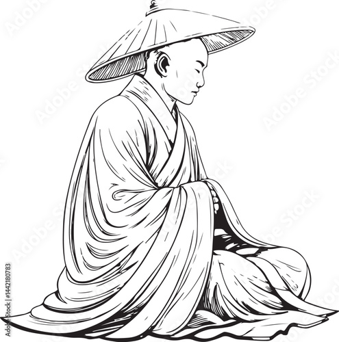 Daoist monk healer and Traditional Chinese Medicine, Black and White Vector Illustration, Sketch Drawing Line Linear Symbol Icon Engraving, Hand-drawn Isolated