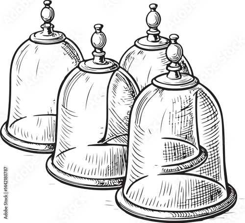 Cupping therapy jars and Traditional Chinese Medicine, Black and White Vector Illustration, Sketch Drawing Line Linear Symbol Icon Engraving, Hand-drawn Isolated