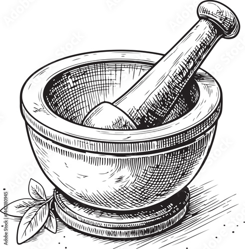 Mortar and pestle, Herbology, Naturopathy and Traditional Chinese Medicine, Black and White Vector Illustration, Sketch Drawing Line Linear Symbol Icon Engraving, Hand-drawn Isolated