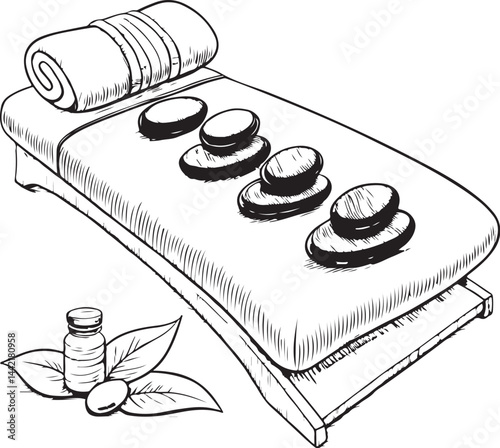 Hot stone therapy, SPA, Massage and Traditional Chinese Medicine, Black and White Vector Illustration, Sketch Drawing Line Linear Symbol Icon Engraving, Hand-drawn Isolated