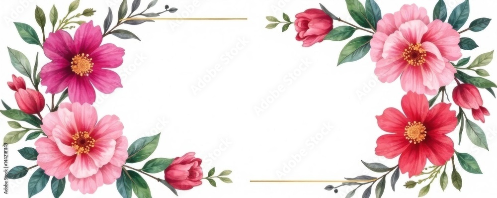 Fototapeta premium Two watercolor flower wedding invites, vibrant blooms, gold accents, duo, cards