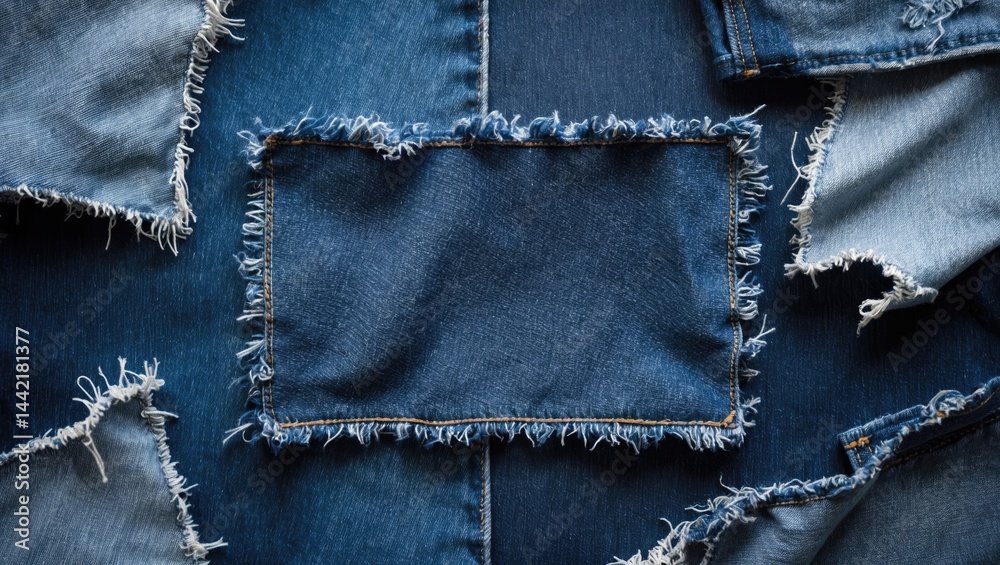 Naklejka premium Denim blue jeans cloth structure. Ripped denim textile. Ruined torn denim patches backdrop. Upcycle old jeans remnants. Various fabric pieces.