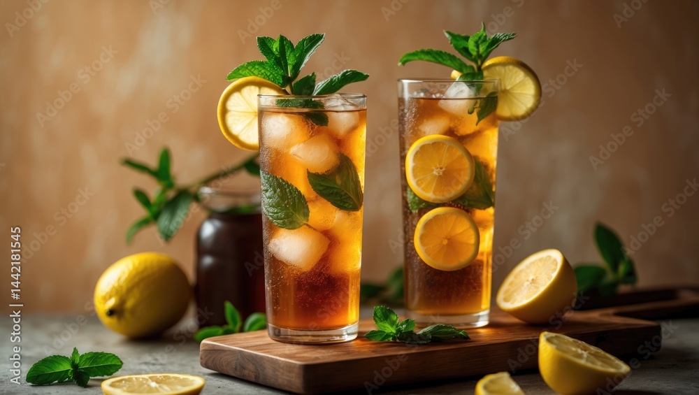 Fototapeta premium Iced Tea with Lemon Refreshing Against a Background