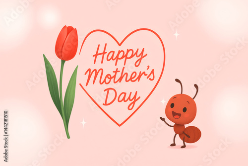 Cute Cartoon Ant and Red Tulip with Heart-Shaped “Happy Mother’s Day” Text on Soft Pink Background with Sparkles — Whimsical Floral Holiday Greeting