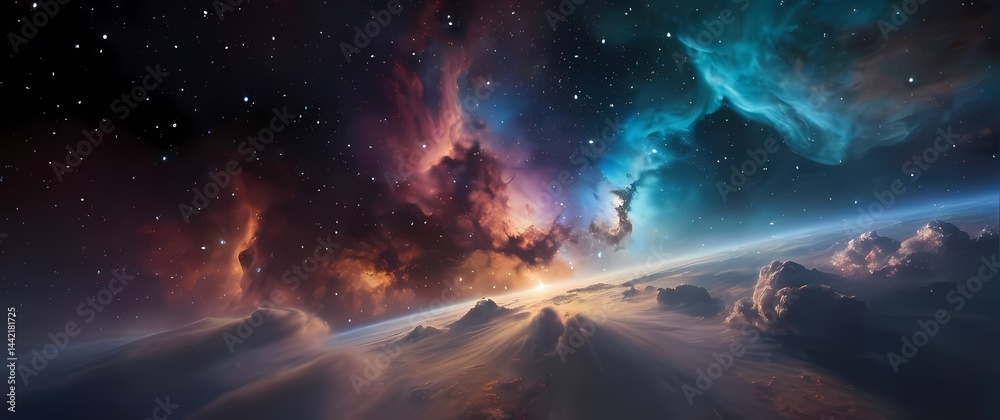 Fototapeta premium Vibrant nebula clouds with tiny twinkling stars scattered on a vast cosmic canvas