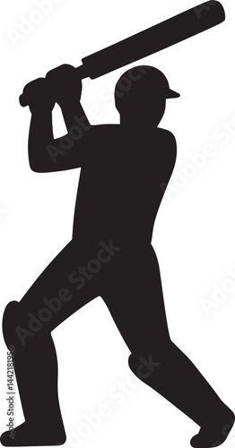 Bold black silhouette of a cricket batsman in striking stance, holding a raised bat. Clean minimal vector style with perfect shape and sharp edges