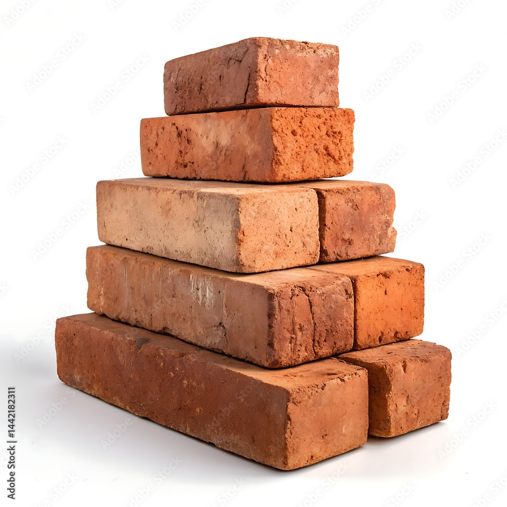 Stack of Red Bricks on White Backdrop, Isolated Construction Blocks, CloseUp Texture Stack of Red Bricks on White Backdrop, Isolated Construction Blocks, CloseUp Texture