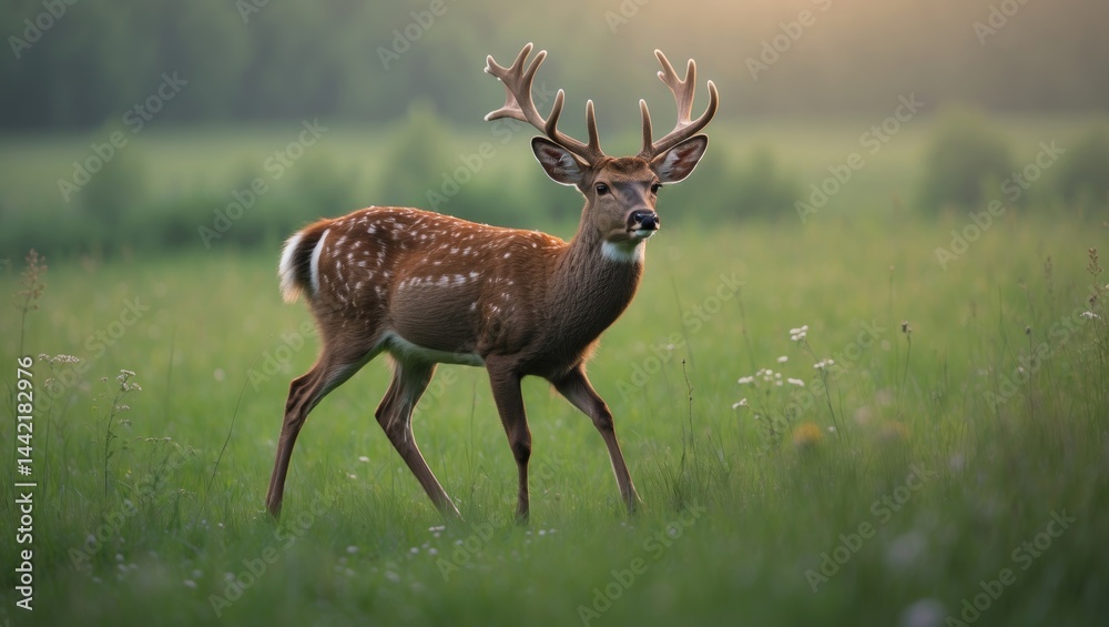 Obraz premium Wildlife scene of a male roe deer with orange fur on a sunlit grassy meadow.