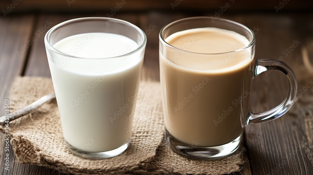 Cup of Coffee with Milk, Warm and Inviting Beverage on a Table, Top View Cup of Coffee with Milk, Warm and Inviting Beverage on a Table, Top View