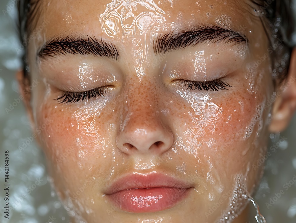 Close-up of serene face, cleansed with bubbly foam Close-up of serene face, cleansed with bubbly foam